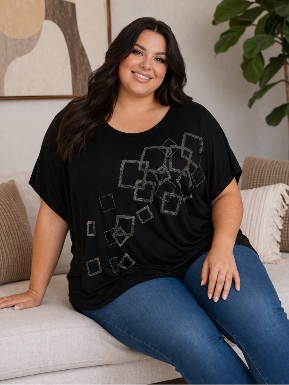 Plus Size Black Short Sleeve Top with Metallic Square Detail NWOT
